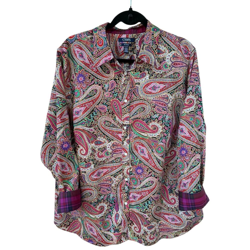 Chaps No Iron Button Shirt Flip Cuff Paisley Pink Long Sleeve 2X Contrast Cuff